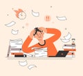 Man overwork in office, deadline concept illustration