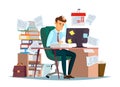 Man overwork in office vector illustration of cartoon manager sitting at computer desk working frustrated in stress Royalty Free Stock Photo