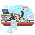 Man overwork in office, deadline vector illustration. Manager sitting at desk with stack of documents in mess and