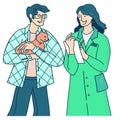 Man owner of little dog getting medical veterinarian advice, flat cartoon vector.