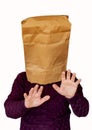 Man with a package on his head on a white background. The man looking by feel road