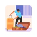 Man packing things for trip, cat playing and sitting inside suitcase Royalty Free Stock Photo