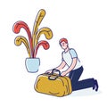 Man packing. Young cartoon guy closing suitcase with clothes and essentials for travel Royalty Free Stock Photo