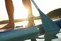 Man paddle boarding on SUP board in river at sunset, closeup Royalty Free Stock Photo