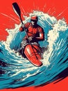 Man is paddling canoe in ocean, riding on top of large waves. He appears to be wearing red and white clothing, which