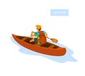 Man paddling a canoe, traveling with backpack isolated