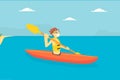 Man Paddling Kayak, Male Tourist Spending Active Vacation on Seaside, Kayaking Water Sport Vector Illustration