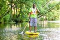 Man paddling a SUP on river