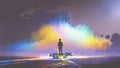Man with paint buckets stands in front of colorful cloud