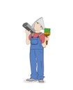 Man painter holding a paint brush and a roll. vector illustration Royalty Free Stock Photo