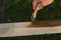 A man Painting with a brush protective wood stain coating on timber.