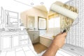 Before and After of Man Painting Roller to Reveal Newly Remodeled Bathroom Under Pencil Drawing Plans Royalty Free Stock Photo