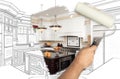 Before and After of Man Painting Roller to Reveal Newly Remodeled Kitchen Under Pencil Drawing Plans Royalty Free Stock Photo