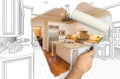 Before and After of Man Painting Roller to Reveal Newly Remodeled Kitchen Under Pencil Drawing Plans Royalty Free Stock Photo