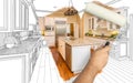 Before and After of Man Painting Roller to Reveal Newly Remodeled Kitchen Under Pencil Drawing Plans Royalty Free Stock Photo