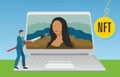 Man painting woman on laptop. Vector illustration.