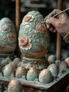 Man paints wooden Easter egg with brush in workshop Royalty Free Stock Photo