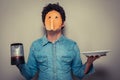 Man with pancake on his face and coffee