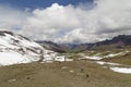Man with panoramic view. Hiking scene in Vinicunca, Cusco region, Peru. Montana of Seven Colors, Rainbow Mountain Royalty Free Stock Photo