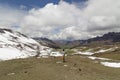 Man with panoramic view. Hiking scene in Vinicunca, Cusco region, Peru. Montana of Seven Colors, Rainbow Mountain Royalty Free Stock Photo