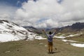 Man with panoramic view. Hiking scene in Vinicunca, Cusco region, Peru. Montana of Seven Colors, Rainbow Mountain