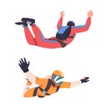 Man Parachutist Skydiving and Free-falling in the Air Descenting on the Earth Vector Set