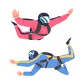 Man Parachutist Skydiving and Free-falling in the Air Descenting on the Earth Vector Set