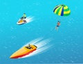 Man parasailing with parachute behind the motor boat. Creative vacation concept. Water Sports. Parachute sailing, Fun in Royalty Free Stock Photo