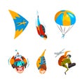 Man Paratrooper or Parachutist Paragliding with Winged Paraglider and Jumping with Parachute Vector Set Royalty Free Stock Photo