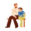 Man Parent Supporting Boy Son Sitting on Bench Vector Illustration