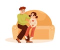 Man Parent Supporting Girl Daughter Embracing Her Sitting on Sofa Vector Illustration