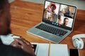 Man participate video conference looking at laptop screen during virtual meeting, videocall webcam app for business Royalty Free Stock Photo