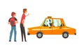 Man Passenger and Orange Taxi Cab Vector Illustration