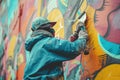 A man passionately paints a vibrant graffiti mural on a wall, showcasing his artistic flair and urban creativity, A graffiti