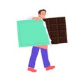 Man pastry chef tiny cartoon character holding giant chocolate bar isolated on white background