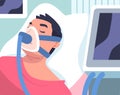 Man Patient in Hospital Having Artificial Lung Ventilation Being in Critical Condition Lying on Bed with Mask Vector