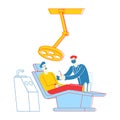 Man Patient Lying in Medical Chair in Stomatologist Cabinet with Equipment. Doctor Character Conducting Teeth