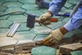 Workers is paving brick floors. Royalty Free Stock Photo
