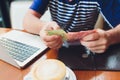 Man paying bill in cafe. He putting money. Busy man having lunch in restaurant. service concept. Royalty Free Stock Photo