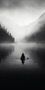 Misty Lake: A Serene Black And White Image Of A Man Rowing A Boat Royalty Free Stock Photo