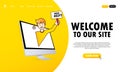 Man peeks out computer and holds the sign that asks Need Help. Support service. Website. Welcome to our site. Vector, illustration Royalty Free Stock Photo