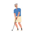 Man Pensioner Character in Glasses with Club Playing Golf Engaged in Hobby Activity on Retirement Vector Illustration