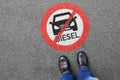 Man people diesel driving ban road sign street car no not allowed zone Royalty Free Stock Photo