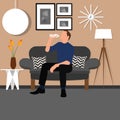 Man people drinking water from bottle sitting chair sofa living room interior