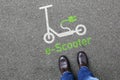 Man people electric scooter e-scooter road sign eco friendly green mobility city transport