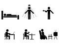 Man people every day action. Posture stick figure. Sleeping, eating, working, icon symbol sign pictogram.