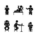 Man people various sitting, eating and drinking position. Posture stick figure. Vector seated person icon symbol sign pictogram.