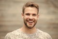 Man with perfect brilliant smile unshaven face defocused background. Guy happy emotional expression outdoors. Bearded Royalty Free Stock Photo