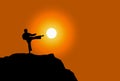 Man performing karate stance, agains sunset