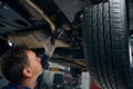 Man performing technical inspection of car suspension Royalty Free Stock Photo